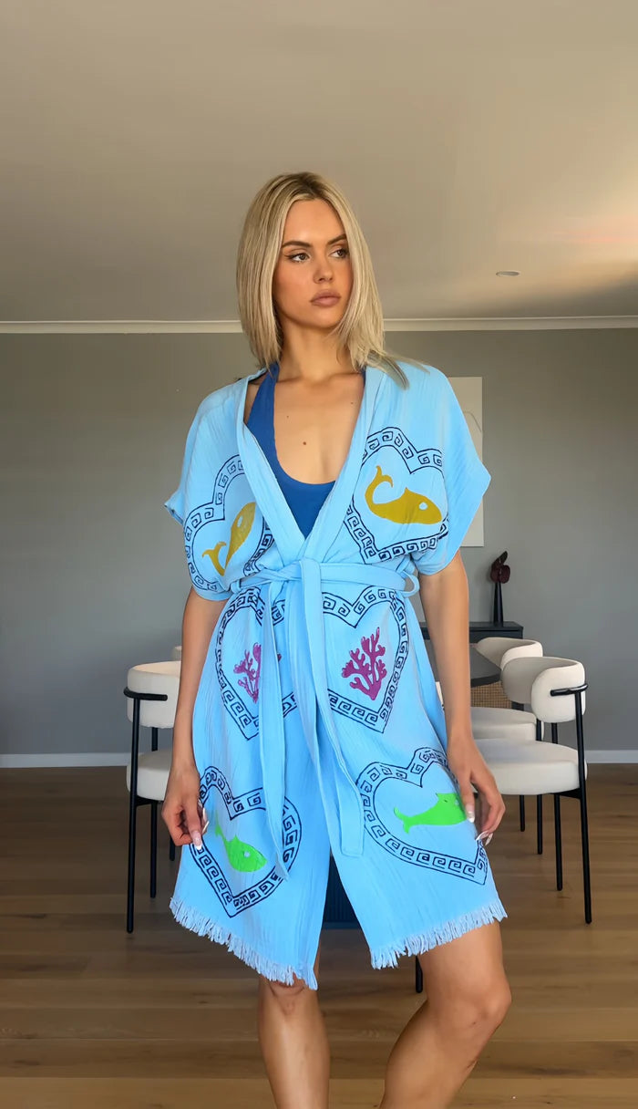 Cie Cie - Midi Short Sleeve Robe in Azure Sardine