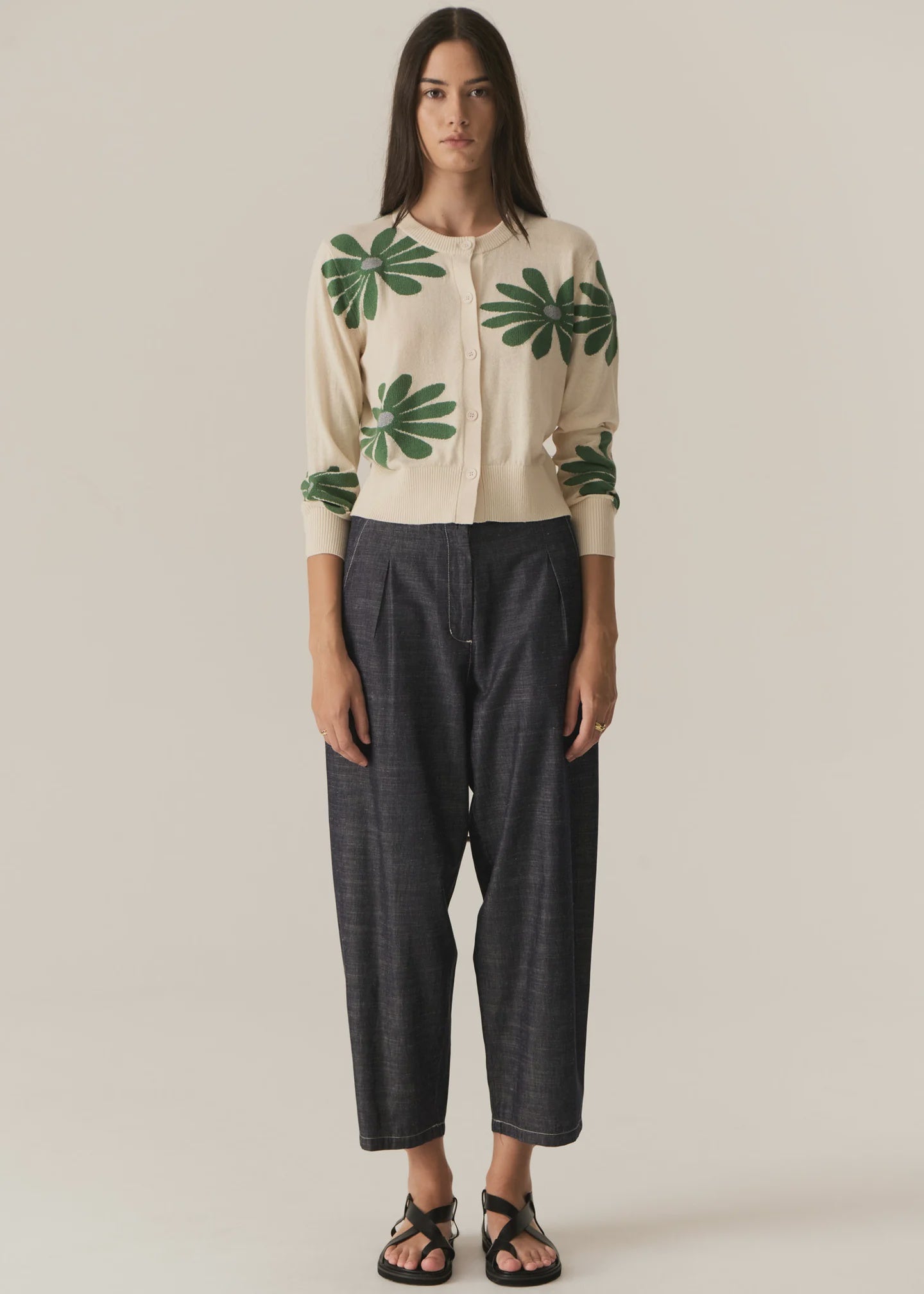 POL - Lask Daisy Cardigan in Ecru/Green