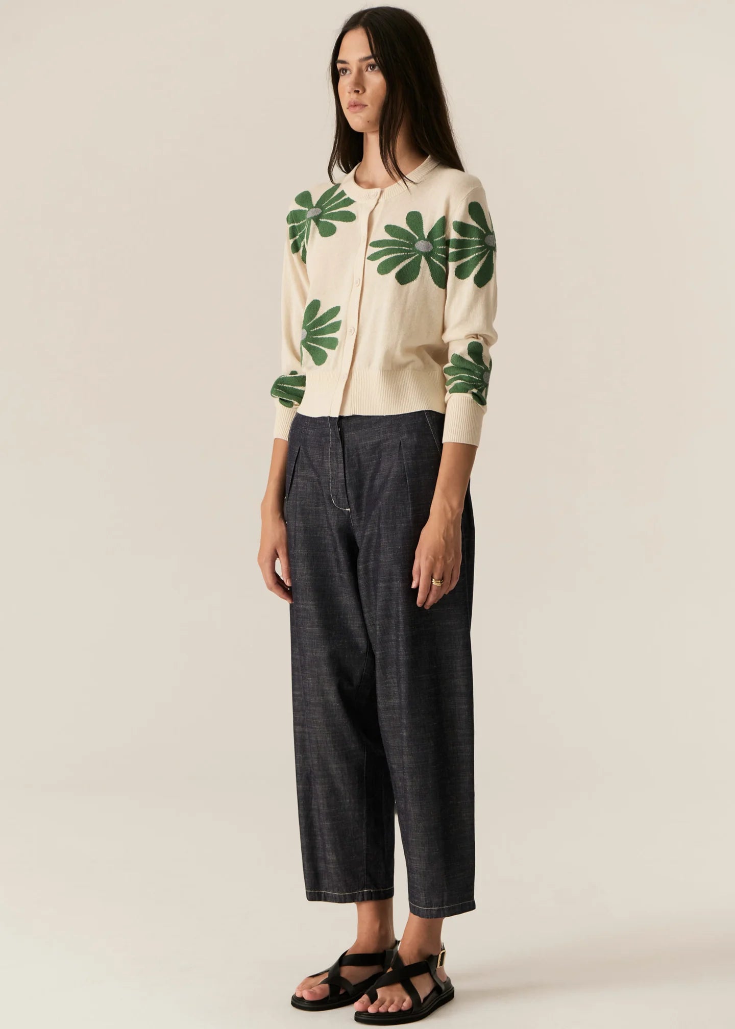 POL - Lask Daisy Cardigan in Ecru/Green