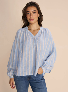 Mos Mosh -Safi Striped Linen Shirt in Cashmere Blue