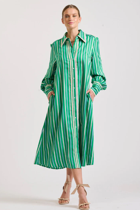 Shirty - Octavia Longline Shirtdress in Green Stripe