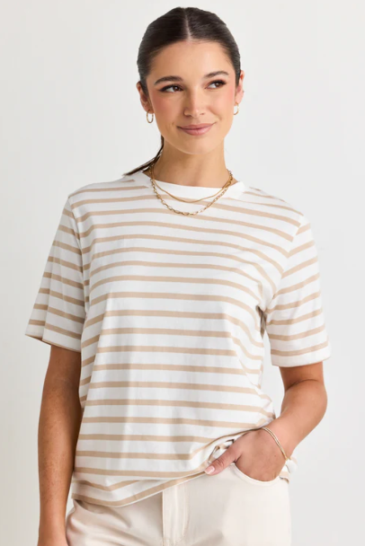 Flo + Frankie - Binding Stripe Boxy Tee in Natural/White