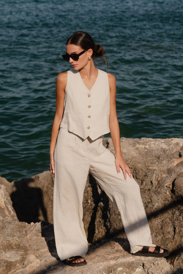 Flo + Frankie - Island Pleat Front Wide Leg Pant in Natural