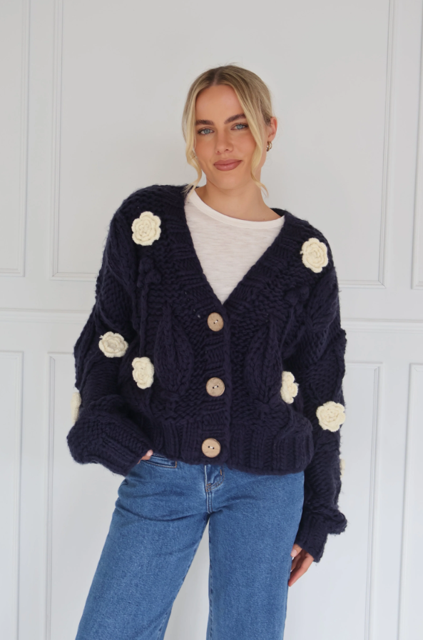 Kireina - Alexa Knit in Navy With Ecru Flowers