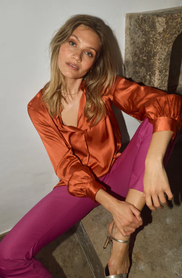 Mos Mosh - Enfa Satin Blouse in Blazing Orange