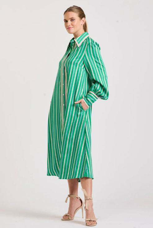 Shirty - Octavia Longline Shirtdress in Green Stripe