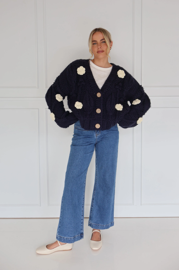Kireina - Alexa Knit in Navy With Ecru Flowers