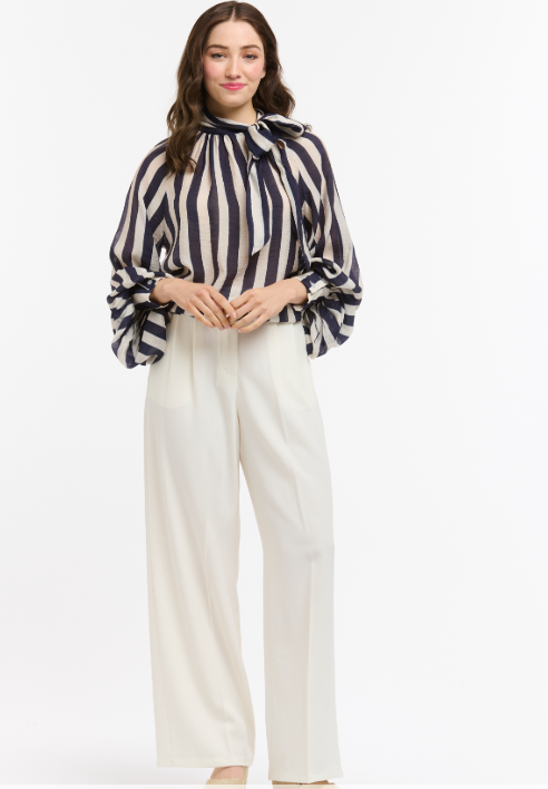 Urban Luxury - Striped Bow Neck Blouse in N/W