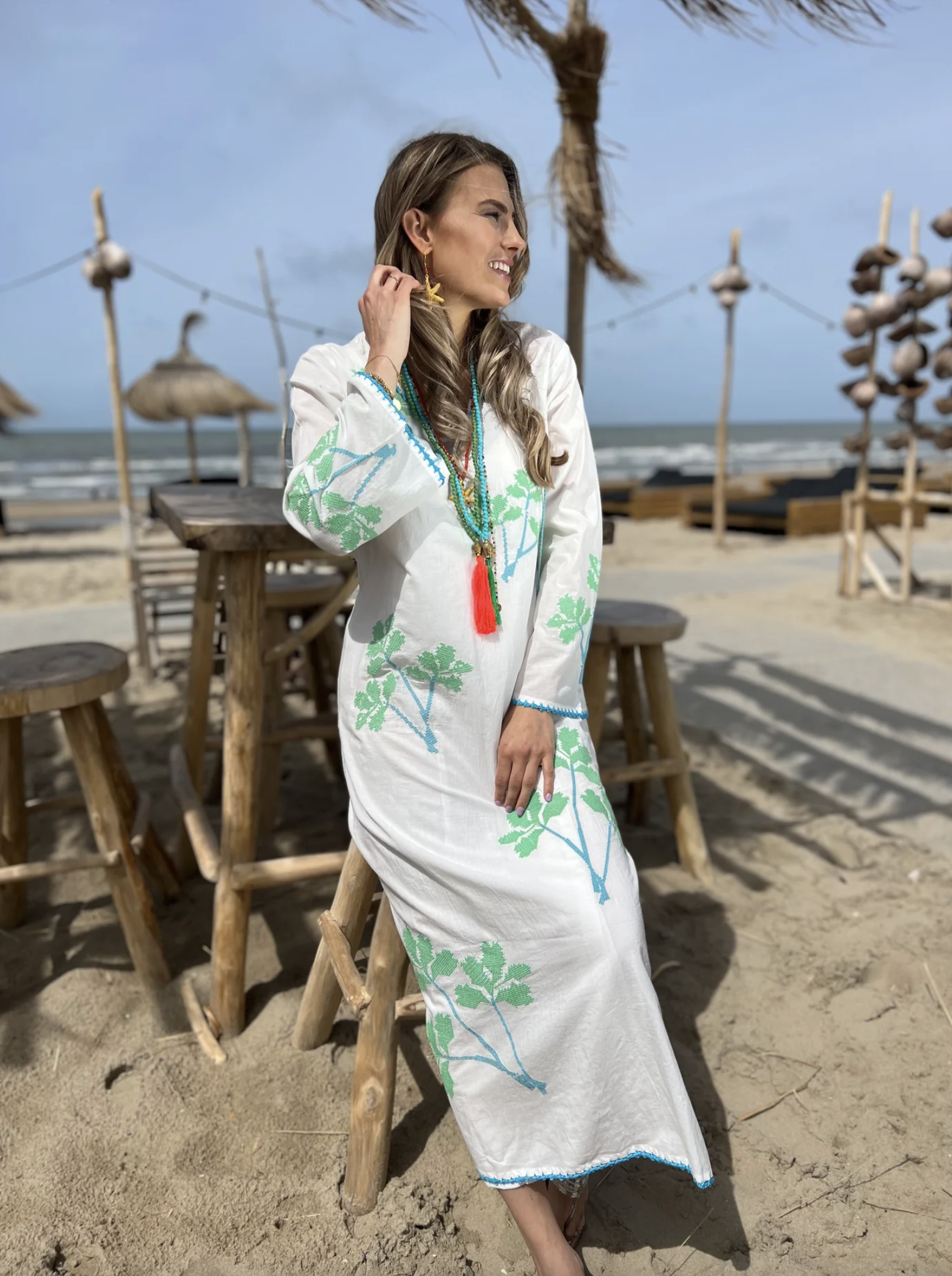 Place du Soleil - Kaftan Dress in White/ Sea Green